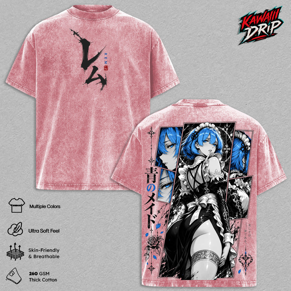 Rem Re Zero Vintage Washed T Shirt Anime Graphic Tee Re Zero Starting Life in Another World Oversized Streetwear Cotton Tshirt Classic Menswear Clothes Apparel Gift for Rem Fans Men & Women