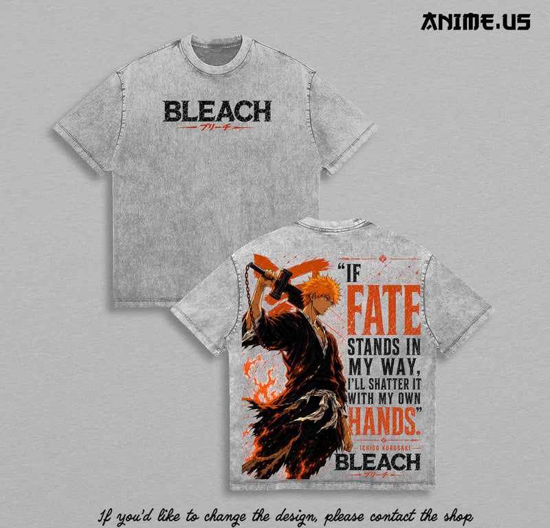 Ichigo Kurosaki Bleach Thousand-Year Blood War Anime Washed Graphic Tee Soul Reaper Hollow Power Heavyweight Cotton Streetwear Shirt