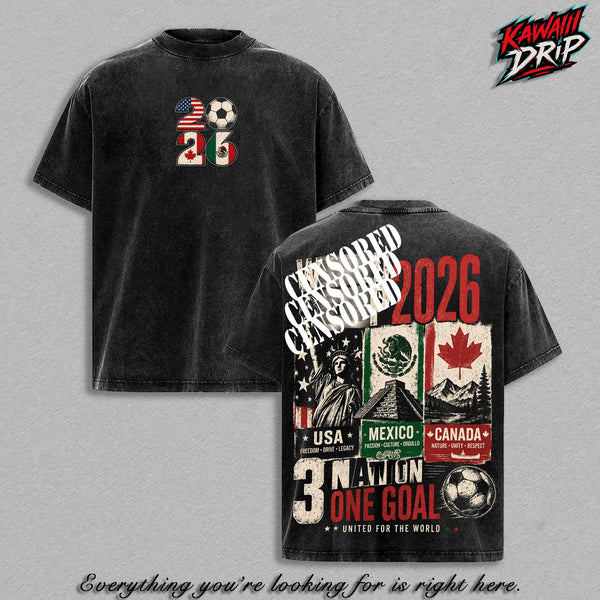 World Football Tour 2026 Vintage Washed Graphic T Shirt, USA Mexico Canada Soccer Fan Tee, 3 Nations One Goal Futebol Shirt, Oversized Heavyweight Cotton Streetwear, Retro Tournament Sports Apparel Gift Merch