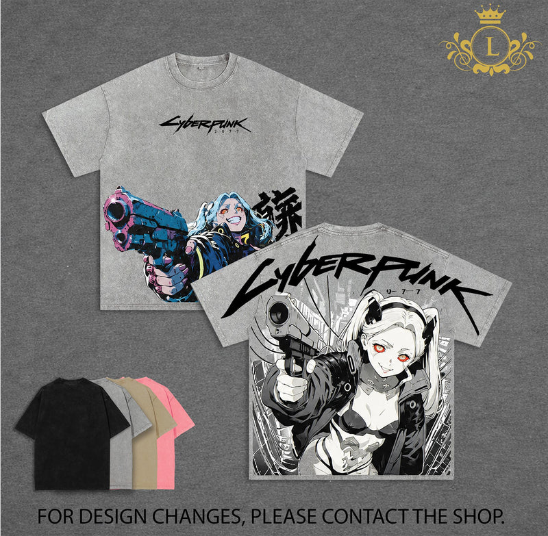 Limited Cyberpunk Edgerunners Rebecca Anime Double Printed Vintage Washed Tee Unisex Oversize Anime Manga Washed Heavyweight Cotton T-shirt