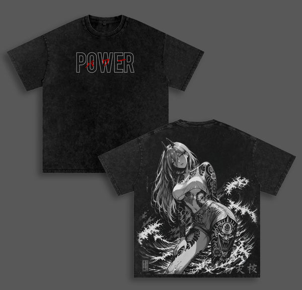 Power Chainsaw Man V.2 Anime Double Printed Vintage Washed Tee Unisex Oversize Heavyweight Cotton T-shirt for Anime Fans and Lovers