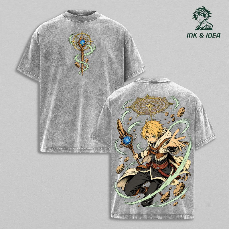 Rudeus Greyrat Mushoku Tensei Vintage Washed Gym T-Shirt, Water Magic Staff Double Sided Anime Graphic Tee, Oversized Heavyweight Cotton Isekai Manga Streetwear, Unisex Fan Gift