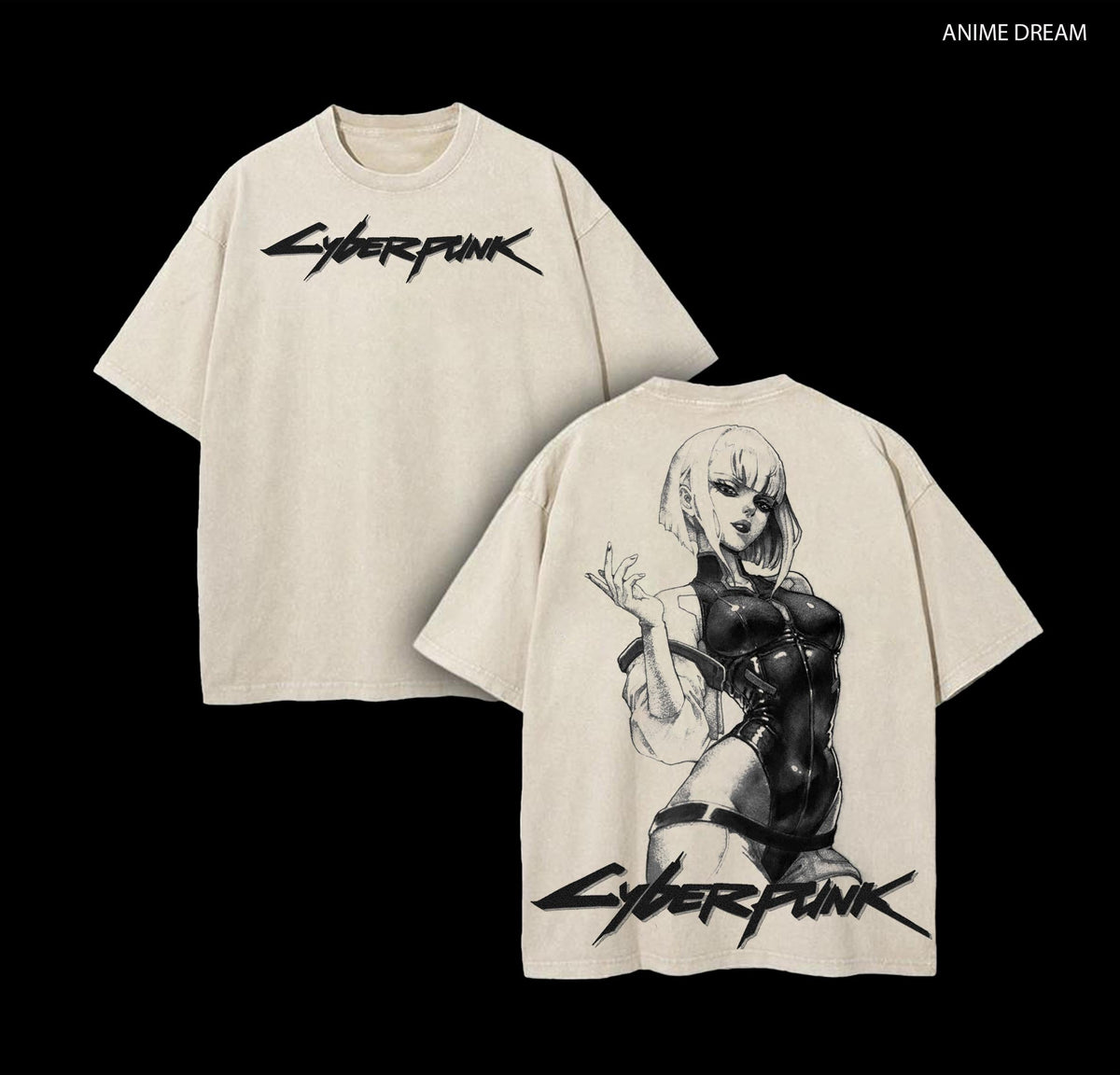 Cyberpunk Lucy Anime Double Printed Vintage Washed Tee Unisex Oversize Heavyweight Cotton T-shirt for Anime Fans and Lovers