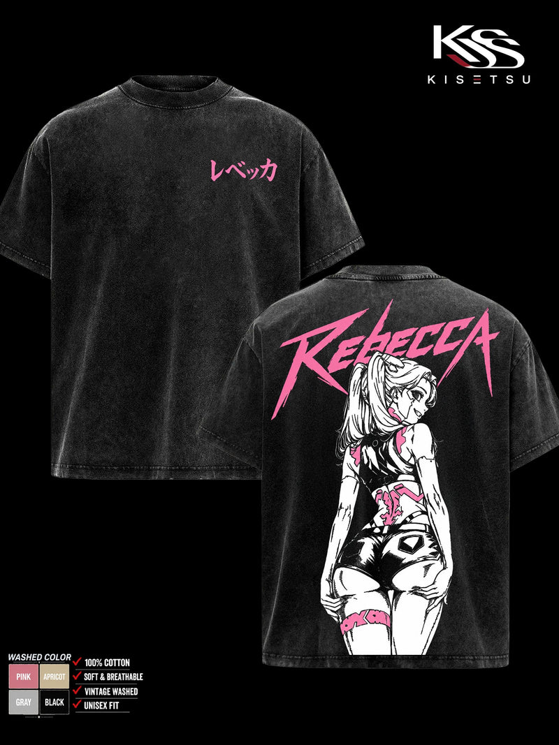 Rebecca Cyberpunk Edgerunners Double Sided Graphic Tee, Oversized Vintage Washed Anime T-Shirt, Soft Cotton Round Neck Menswear Unisex Streetwear, Gift for Anime Fans