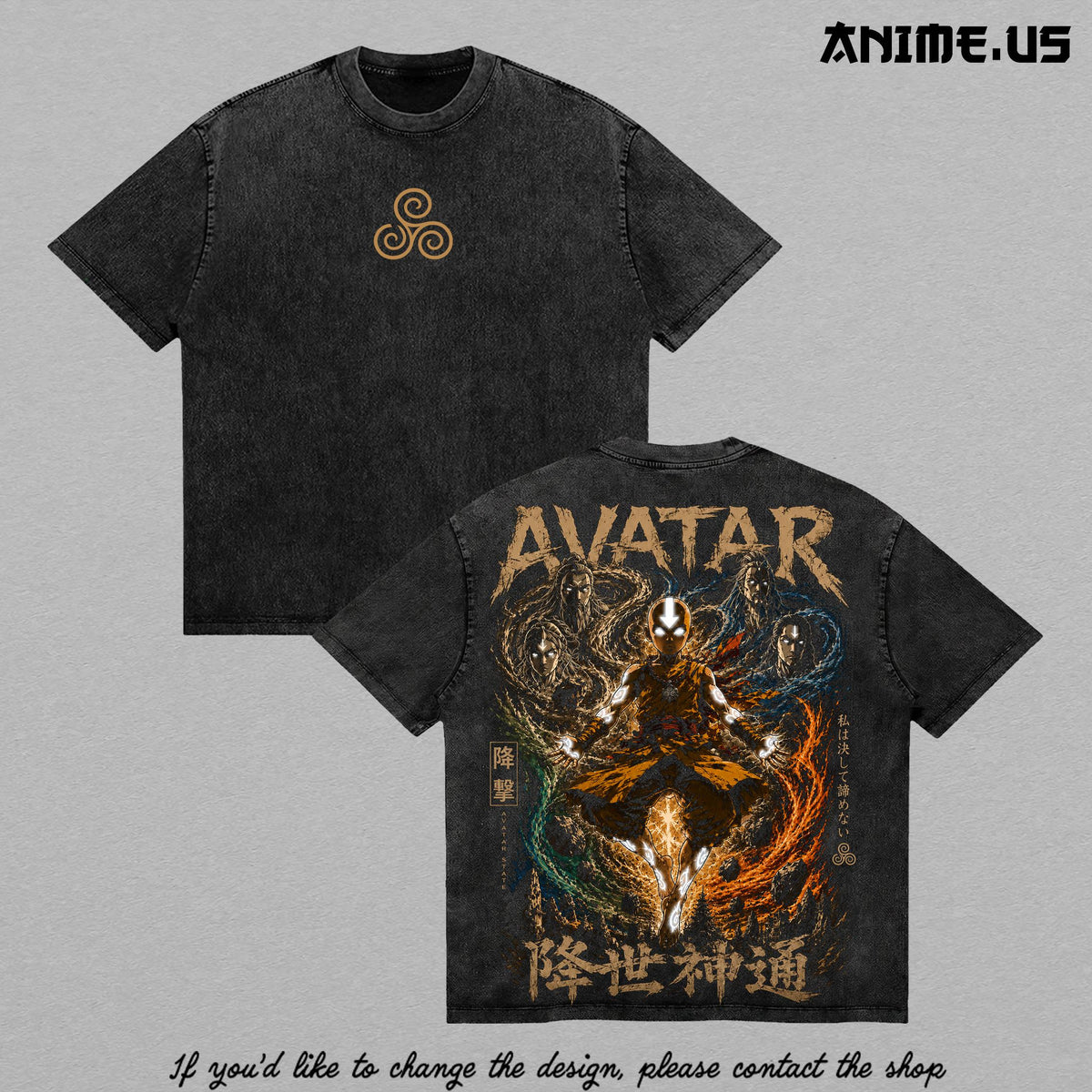 Aang Avatar Four Elements Avatar The Last Airbender State Vintage Washed Oversized T-Shirt Heavyweight Cotton Anime Graphic Tee