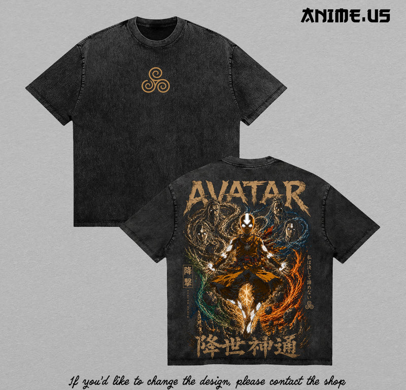 Aang Avatar Four Elements Avatar The Last Airbender State Vintage Washed Oversized T-Shirt Heavyweight Cotton Anime Graphic Tee