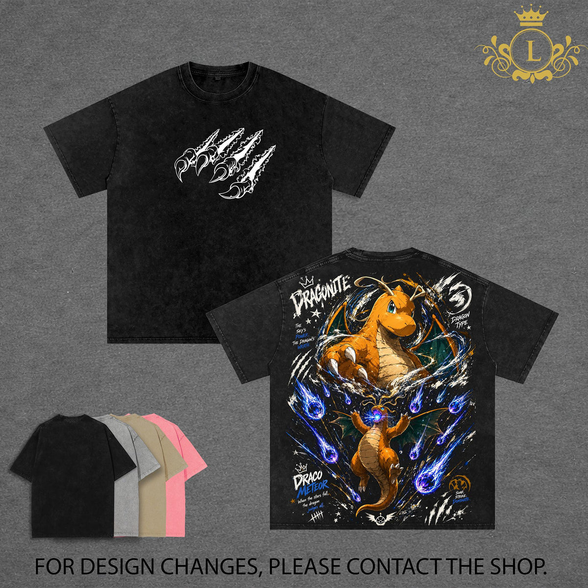 Pocket Monsters - Dragonite Wash Tee Vintage Unisex Oversize Anime Manga Acid Washed Heavyweight Cotton T-shirt for Fans