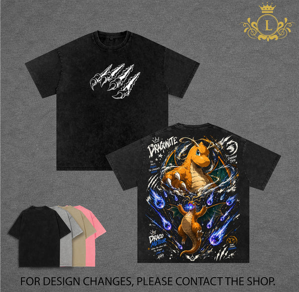Pocket Monsters - Dragonite Wash Tee Vintage Unisex Oversize Anime Manga Acid Washed Heavyweight Cotton T-shirt for Fans