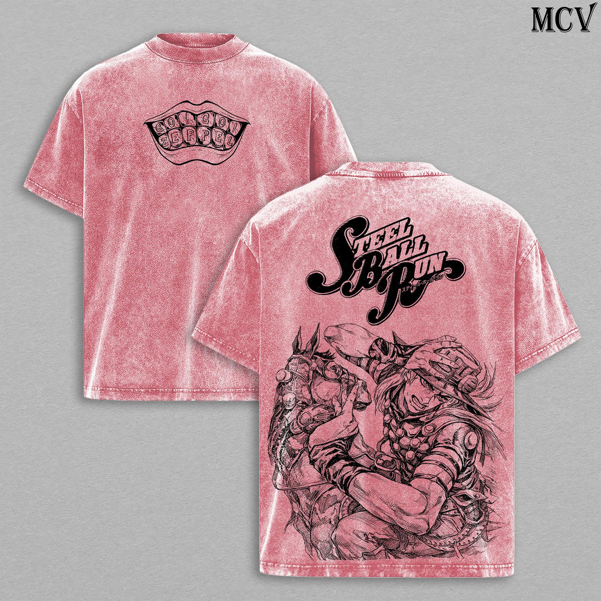 Gyro Zeppeli Washed Tee – JoJo’s Bizarre Adventure Steel Ball Run Part 7 Anime 2026 Golden Spin Western Race Manga Graphic Double Printed T-Shirt, Menswear Heavy Cotton Unisex Oversize Streetwear Vintage