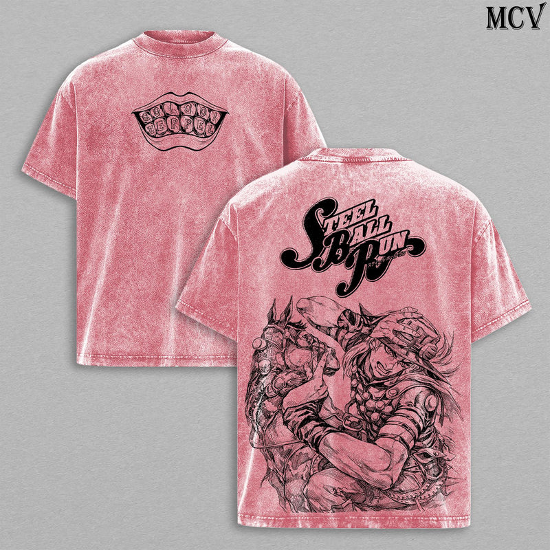 Gyro Zeppeli Washed Tee – JoJo’s Bizarre Adventure Steel Ball Run Part 7 Anime 2026 Golden Spin Western Race Manga Graphic Double Printed T-Shirt, Menswear Heavy Cotton Unisex Oversize Streetwear Vintage