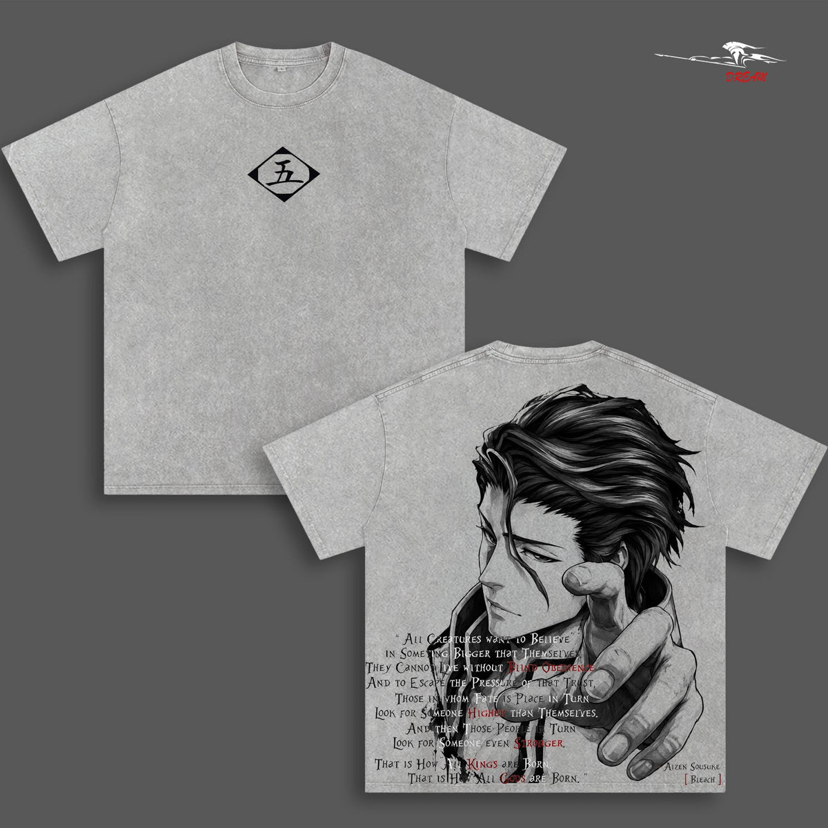 Aizen Sosuke Bleach Anime Double Printed Vintage Washed Tee Unisex Oversize Heavyweight Cotton T-shirt for Anime Fans and Lovers