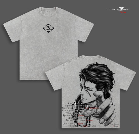 Aizen Sosuke Bleach Anime Double Printed Vintage Washed Tee Unisex Oversize Heavyweight Cotton T-shirt for Anime Fans and Lovers