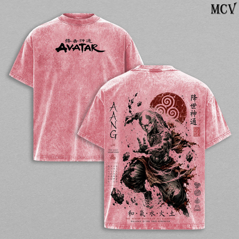 Aang Avatar The Last Airbender Shirt, Aang Vintage Washed T-Shirt, The Last Air Nomad, Japanese Irezumi Gothic Blackwork Tattoo Art, Avatar State Anime Double Printed Washed Tee Unisex Oversized Anime Manga