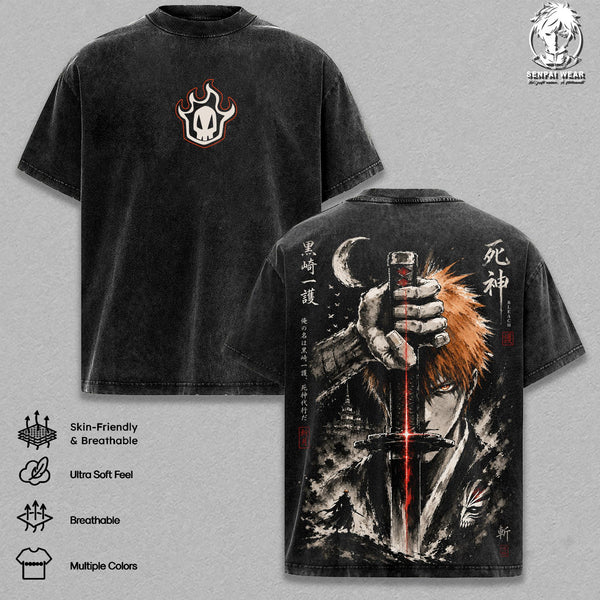 Ichigo Kurosaki Bleach Vintage Washed Oversized T-Shirt, Soul Reaper Bankai Anime Graphic Tee