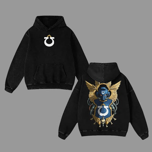 Ultramarines Warhammer 40k T-Shirt Hoodie Vintage Graphic Tee Retro Streetwear Oversized Acid Wash Heavyweight Cotton Space Marine Armor Shield Gaming Fan Gift Idea Tabletop Wargaming Merch Unisex