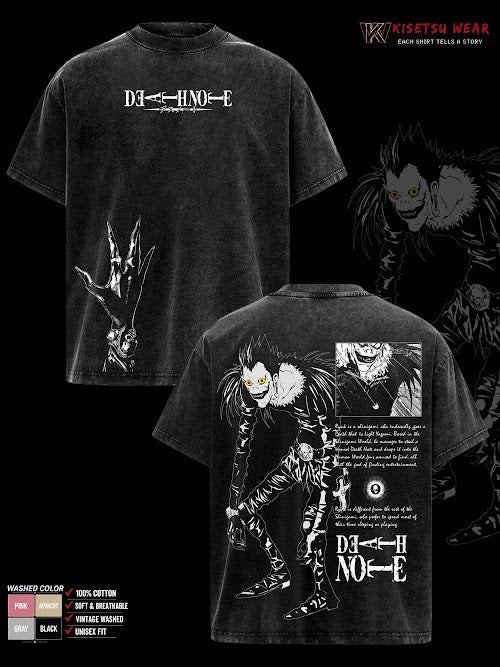 Ryuk Graphic Tee, Double Sided Oversized Washed Anime T Shirt, Gothic Manga Streetwear