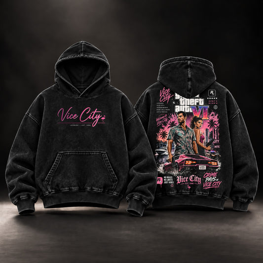 GTA 6 Vice City Vintage Washed Oversized Hoodie, T-Shirt & Sweatshirt, Double-Sided Grand Theft Auto VI Jason & Lucia Graphic Apparel, Neon Pink Vice City Palm Trees and Sports Car Design, Retro 80s Y2K Streetwear, Unisex GTA Gamer Gift