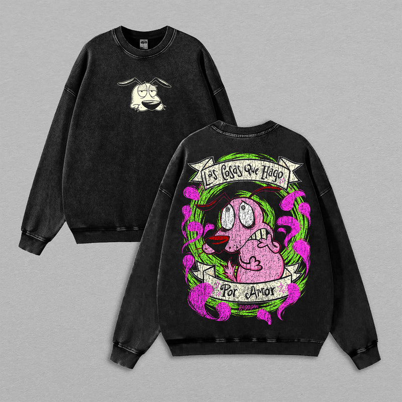 Courage the Cowardly Dog Vintage Washed Sweatshirt, Las Cosas Que Hago Por Amor Graphic, Retro Cartoon Streetwear