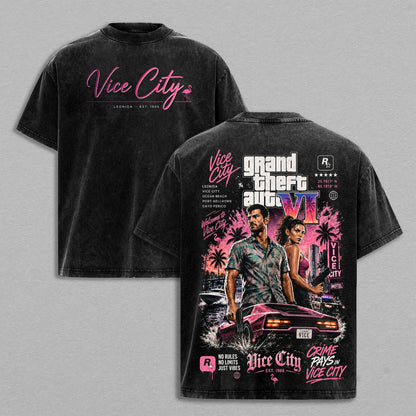 GTA 6 Vice City Vintage Washed Oversized Hoodie, T-Shirt & Sweatshirt, Double-Sided Grand Theft Auto VI Jason & Lucia Graphic Apparel, Neon Pink Vice City Palm Trees and Sports Car Design, Retro 80s Y2K Streetwear, Unisex GTA Gamer Gift