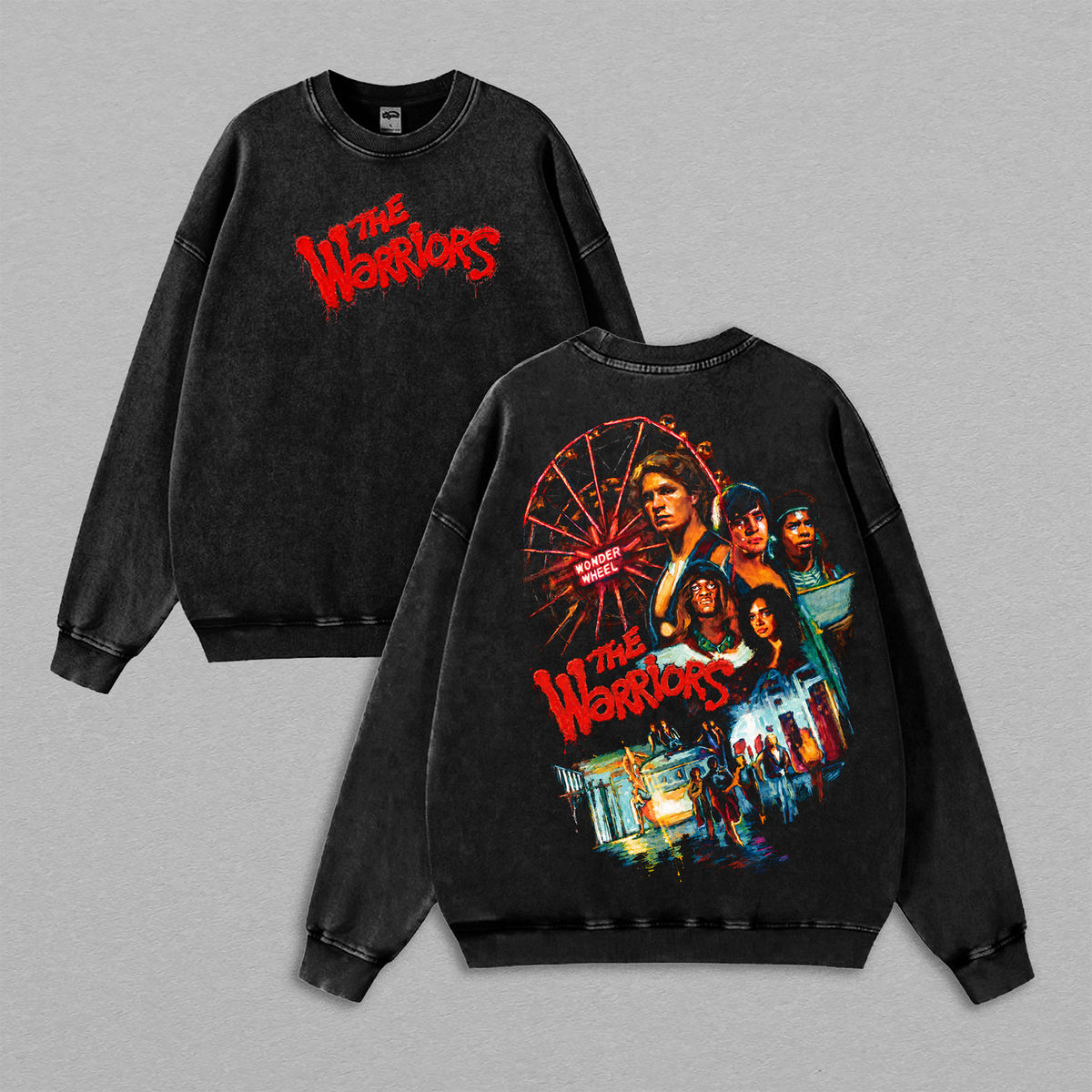 The Warriors 1979 Wonder Wheel Vintage Washed Sweatshirt, Coney Island Gang Movie Graphic, Oversized Faded Black Streetwear