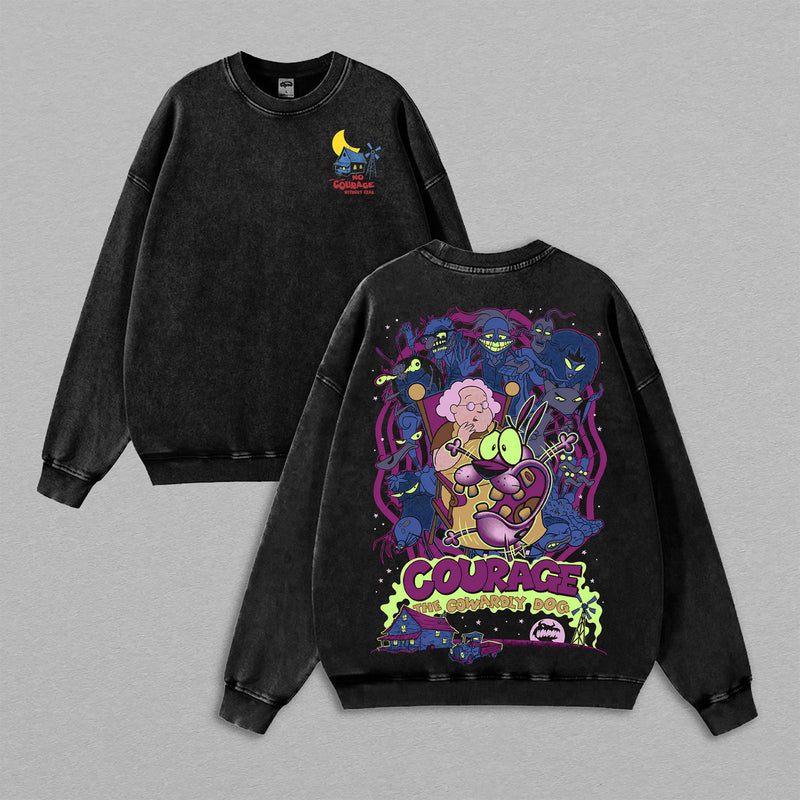 Courage the Cowardly Dog Vintage Washed Sweatshirt, Retro Cartoon Monster Graphic, Oversized Faded Black Streetwear