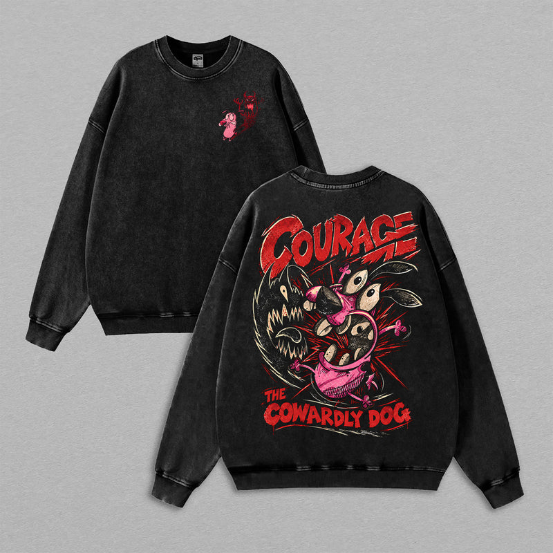 Courage the Cowardly Dog Vintage Washed Sweatshirt, Creepy Monster Graphic, Oversized Faded Black Retro Streetwear