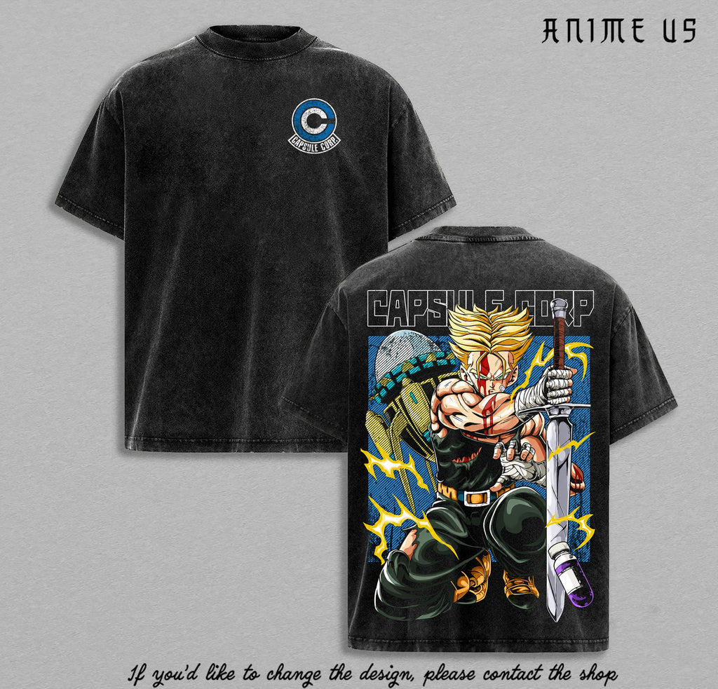 Future Trunks Golden Saiyan Warrior Capsule Corp DBZ Vintage Washed Anime Shirt Sword Warrior Graphic Oversized Tee