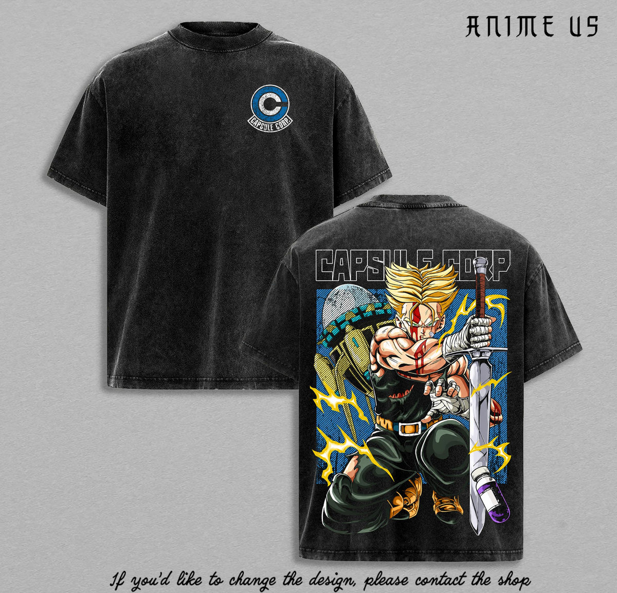 Future Trunks Golden Saiyan Warrior Capsule Corp DBZ Vintage Washed Anime Shirt Sword Warrior Graphic Oversized Tee