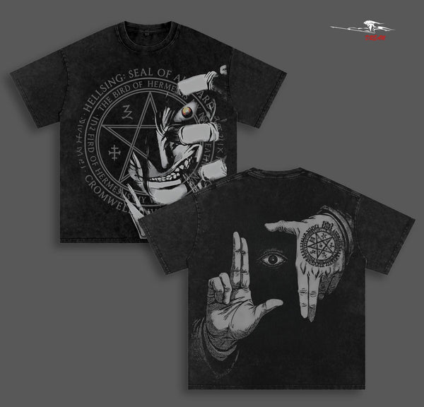 Alucard Hellsing Anime Double Printed Vintage Washed Tee Unisex Oversize Anime Manga Washed Heavyweight Cotton T-shirt
