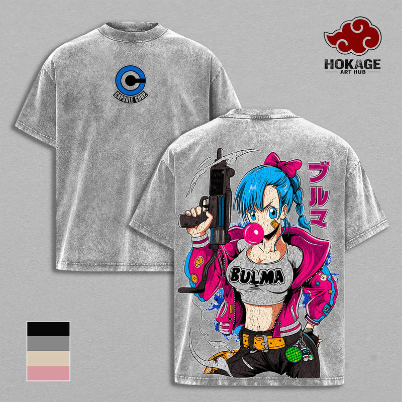 Bulma - DBZ Capsule Corp Waifu Double Printed Graphic Tee, Faded Acid Wash Streetwear For Men, Heavy Cotton Unisex Shirt, Gift For Anime Lovers And DBZ Fans Fabric Menswear