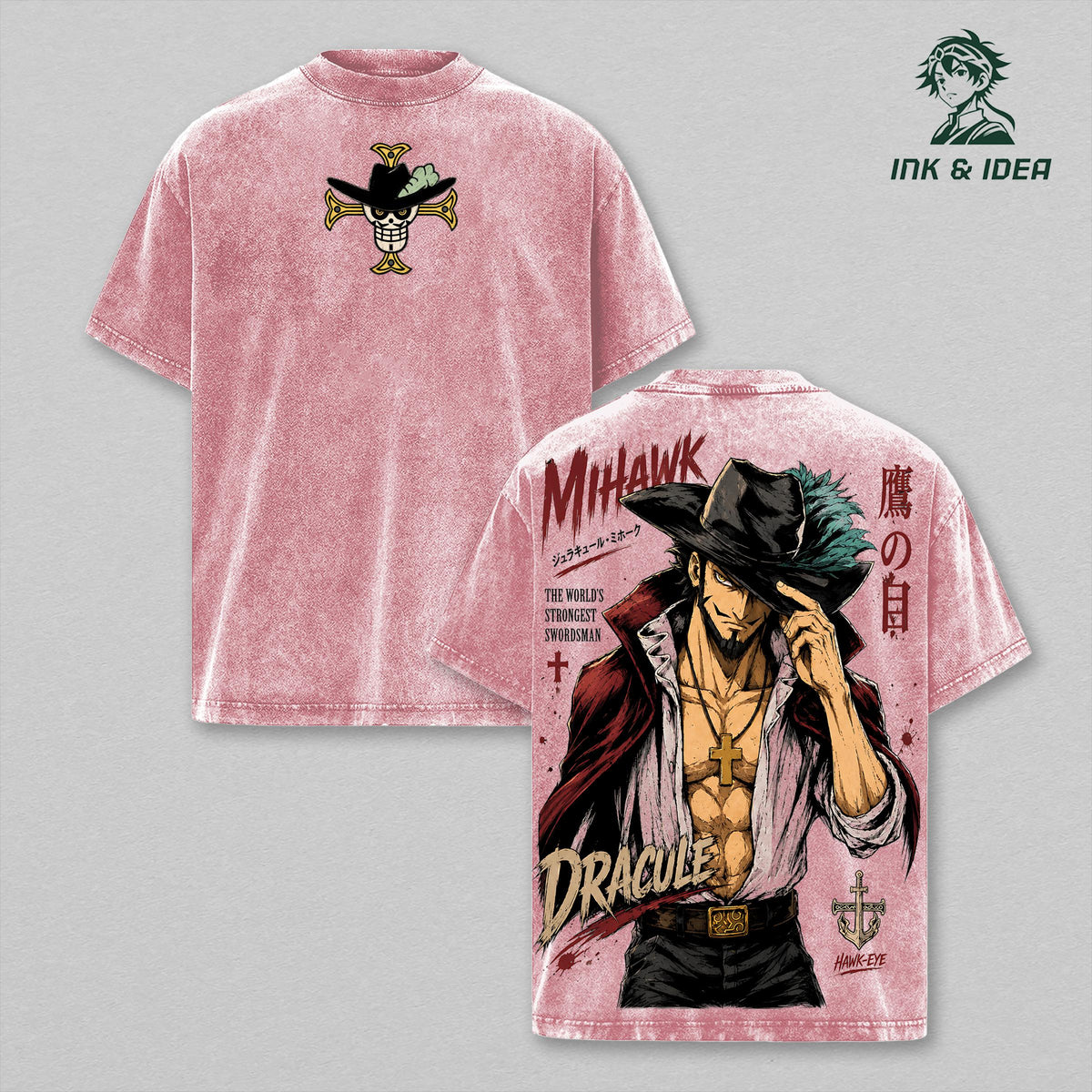 Hawk Eyes Mihawk Vintage Washed T-Shirt, One Piece Legendary Swordsman Anime Graphic Tee, Heavyweight Cotton Retro Streetwear, Unisex Manga Fan Gift