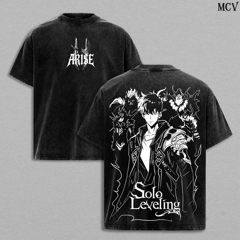 Arise Sung Jin-Woo Tee Washed – Solo Leveling Vintage Washed Heavy Cotton Oversized Anime Manga T-Shirt & Hoodie, Shadow Monarch with Beru Igris Bellion Tusk Edition, Double Printed Retro Unisex Streetwear Graphic Top
