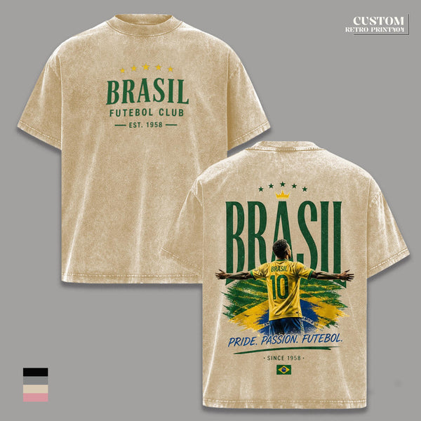 Brasil Futebol Club Vintage Washed T Shirt, Brazil Soccer Fan Oversized Tee, WC2026 Inspired Graphic Shirt, Heavyweight Cotton Streetwear, Futbol Lover Gift, Retro Sports Apparel Top Merch
