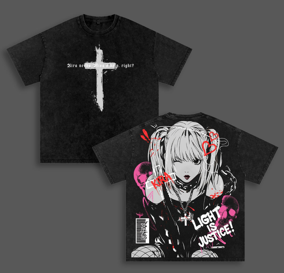 Misa Death Note Anime Double Printed Vintage Washed Tee Unisex Oversize Heavyweight Cotton T-shirt for Anime Fans and Lovers