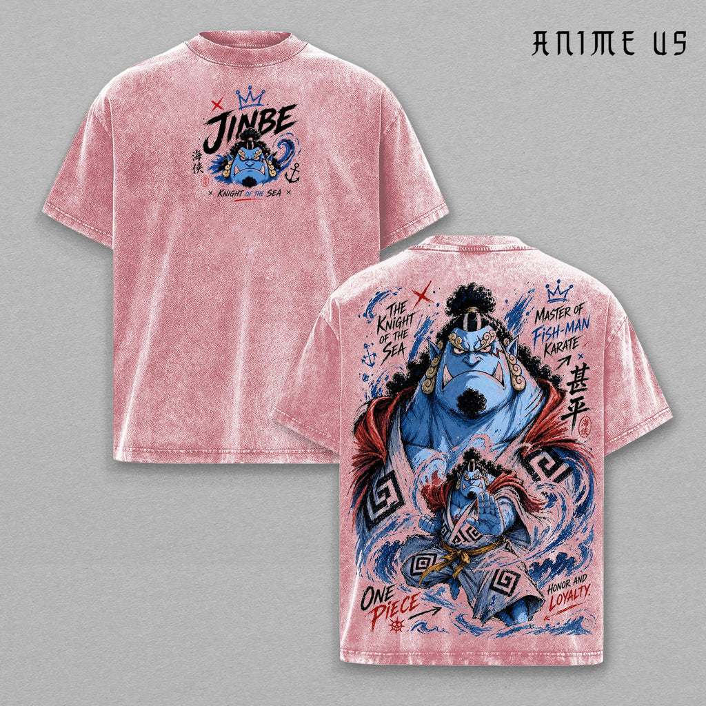 Jinbe One Piece Knight of the Sea Fish-Man Karate Anime Vintage Washed Oversized Graphic Tee Manga Streetwear Heavyweight Cotton Shirt