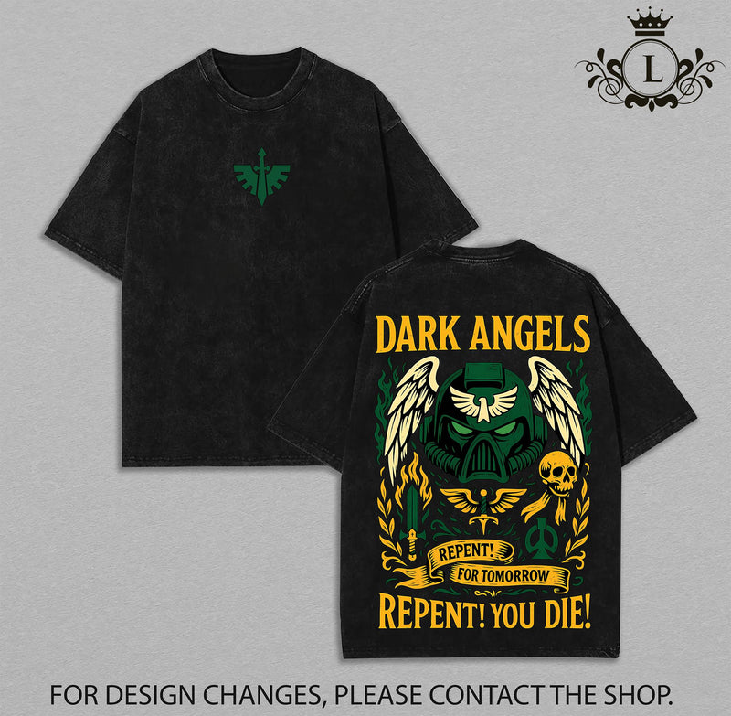 Warhammer 40K Dark Angels Washed Tee Retro Oversized TShirts Inspired by Iconic Factions and Heroes, Premium Heavy Cotton, Perfect for Wargame Fans, Sci-Fi Lovers3