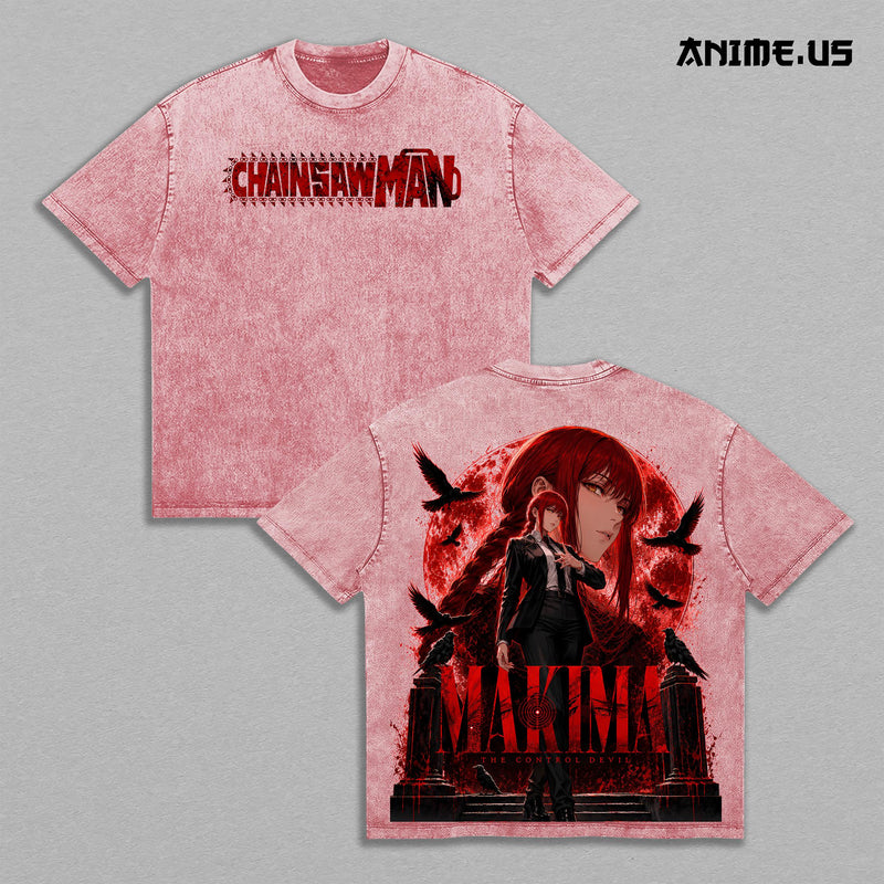Makima Control Devil Chainsaw Man Anime Graphic Vintage Washed Oversized T-Shirt Red Dark Manga Art Heavyweight Cotton Streetwear Back Print Tee