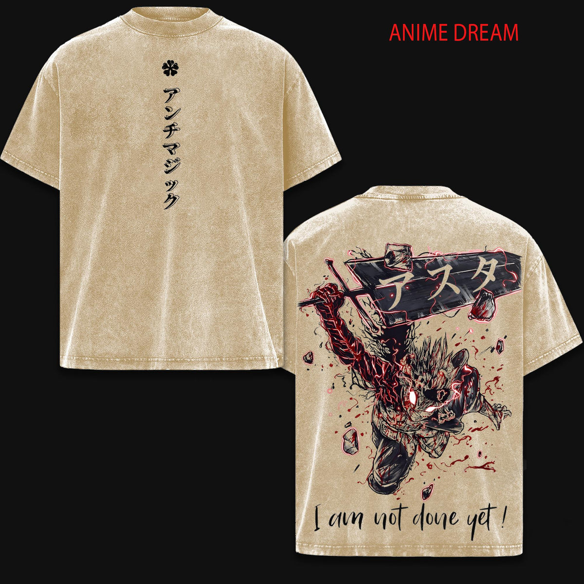 Asta Black Clover Black Bulls Anime Double Printed Vintage Washed Tee Unisex Oversize Anime Manga Washed Heavyweight Cotton T-shirt