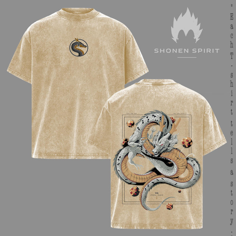 Eternal Dragon T-Shirt, Legendary Dragon Spirit Tee, Mystic Fantasy Graphic Shirt, Vintage Washed Anime-Inspired Top, Oversized Streetwear Outfit, Ancient Power Design, Mythical Creature Apparel, Epic Warrior Aesthetic Tee