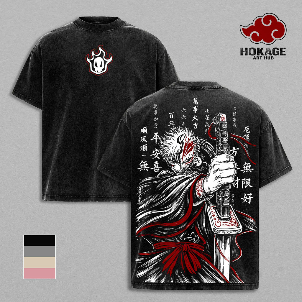 Ichigo Kurosaki Washed Tee, Bleach Anime Graphic Tee, Hollow Mask Shirt, Bankai Sword Shirt, Vintage Washed Shirt, Anime Streetwear Gift