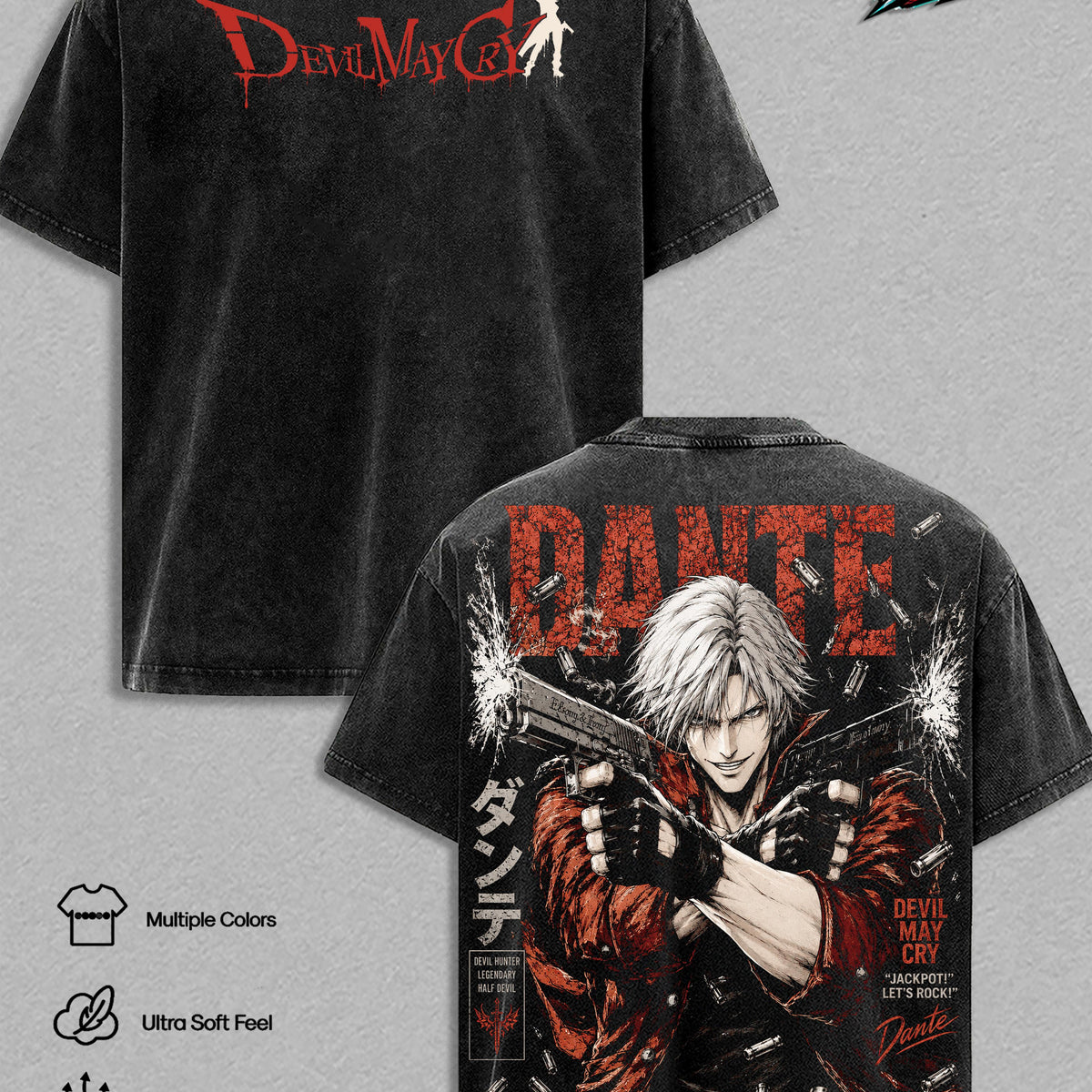 Dante Devil May Cry Vintage Washed T Shirt Graphic Tee Streetwear Top Oversized Cotton Tshirt Classic Menswear Clothes Apparel Gift for Devil May Cry Fans Men & Women