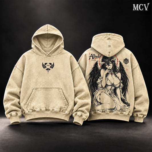 Albedo Overlord Washed Hoodie – Albedo Vintage Washed Oversized Hoodie | Guardian Overseer of Nazarick | Dark Fantasy Anime Manga Graphic | Gothic Japanese Irezumi Tattoo Art | Premium Unisex Streetwear