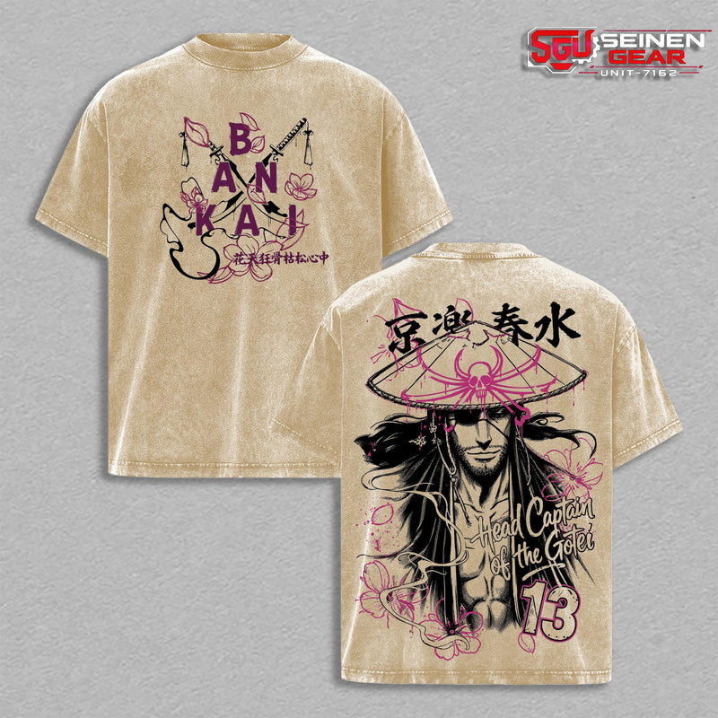 Kisuke Urahara Squad 13 Vintage Washed Anime Tee, Bleach Soul Reaper Streetwear Shirt, Pink Sakura Manga Aesthetic, Y2K Graphic T Shirt, Viral TikTok Anime Outfit for Men