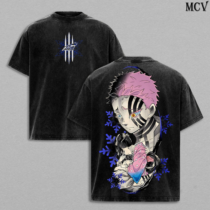 Akaza vs Koyuki Oversized Washed T-Shirt – Demon Slayer Kimetsu no Yaiba Vintage Heavy Cotton Unisex Tee Anime Manga Streetwear Retro Graphic Top Otaku Merch Gift for Fans MCV