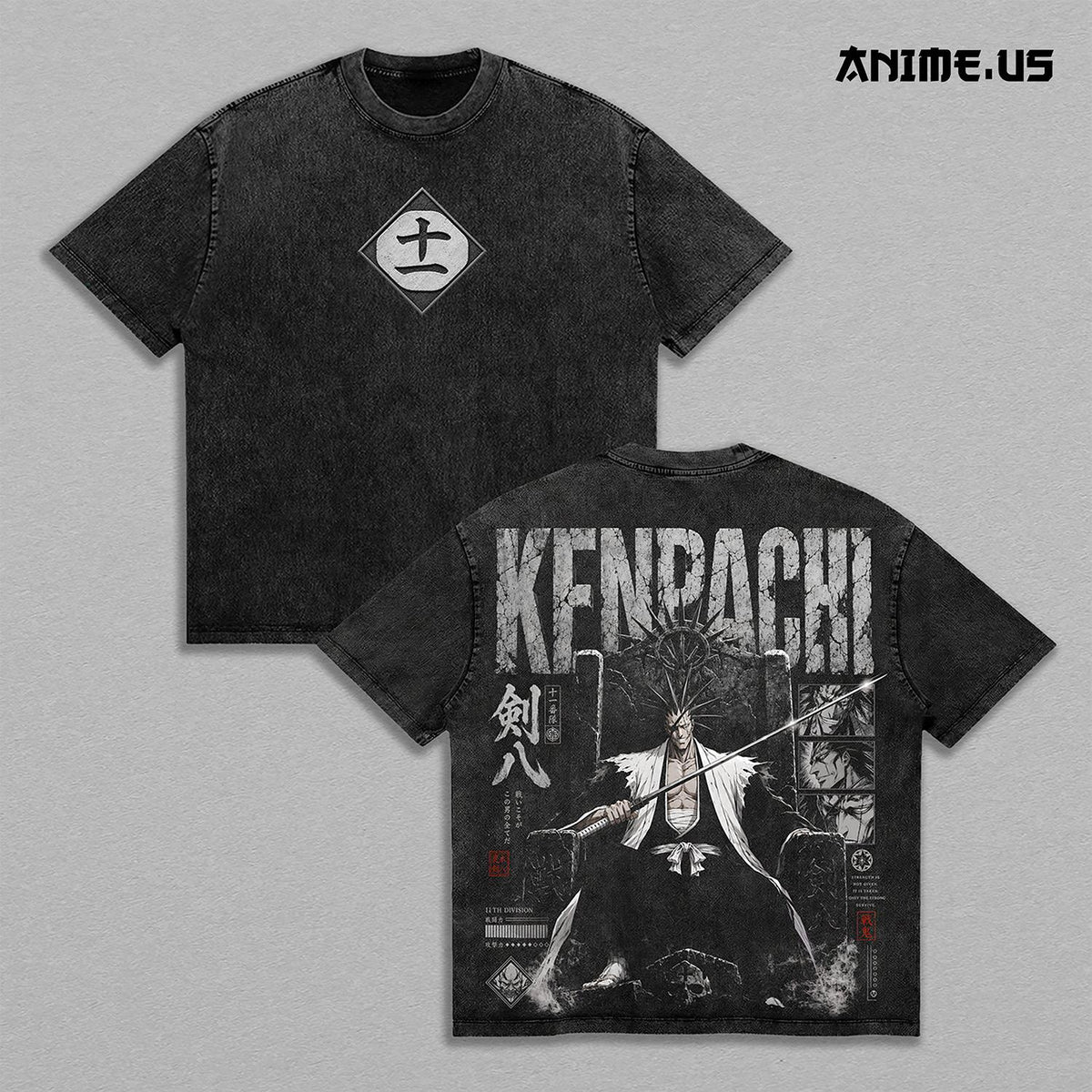 Kenpachi Zaraki Bleach 11th Division Captain Vintage Washed Heavyweight Cotton T-Shirt, Soul Reaper Anime Graphic Tee, Double Sided Oversized Streetwear Shirt, Zaraki Kenpachi Manga Unisex Fan Gift
