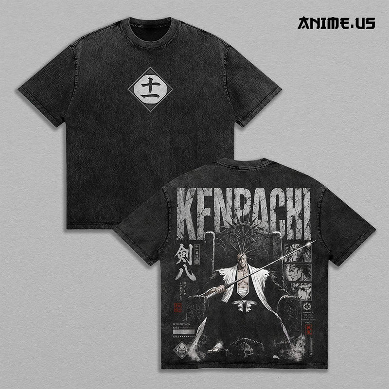 Kenpachi Zaraki Bleach 11th Division Captain Vintage Washed Heavyweight Cotton T-Shirt, Soul Reaper Anime Graphic Tee, Double Sided Oversized Streetwear Shirt, Zaraki Kenpachi Manga Unisex Fan Gift