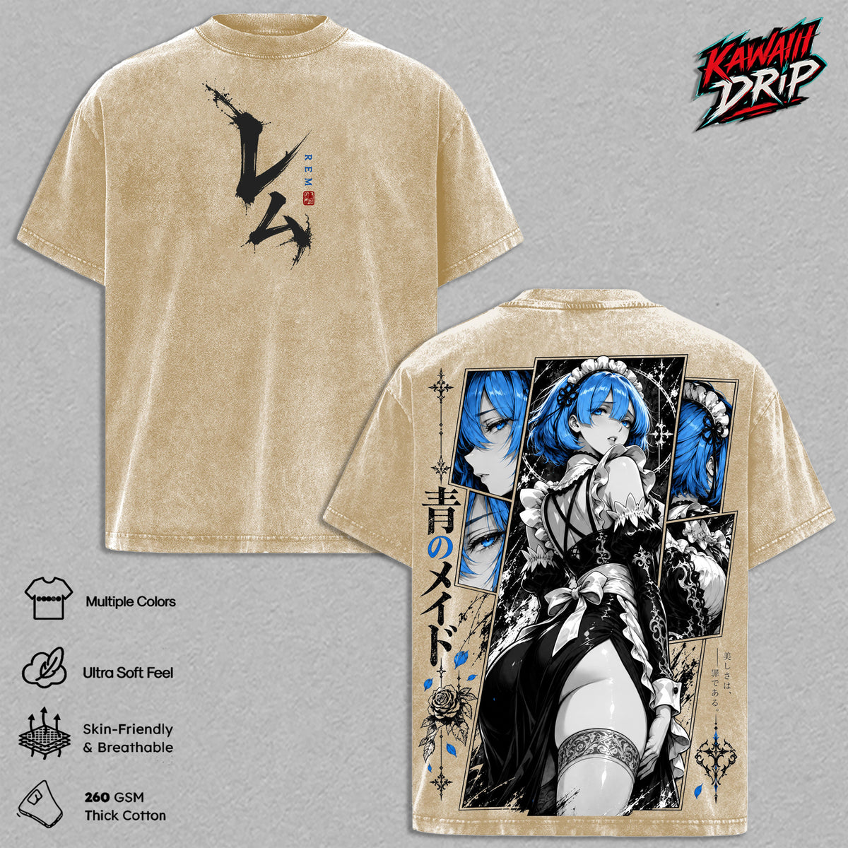 Rem Re Zero Vintage Washed T Shirt Anime Graphic Tee Re Zero Starting Life in Another World Oversized Streetwear Cotton Tshirt Classic Menswear Clothes Apparel Gift for Rem Fans Men & Women