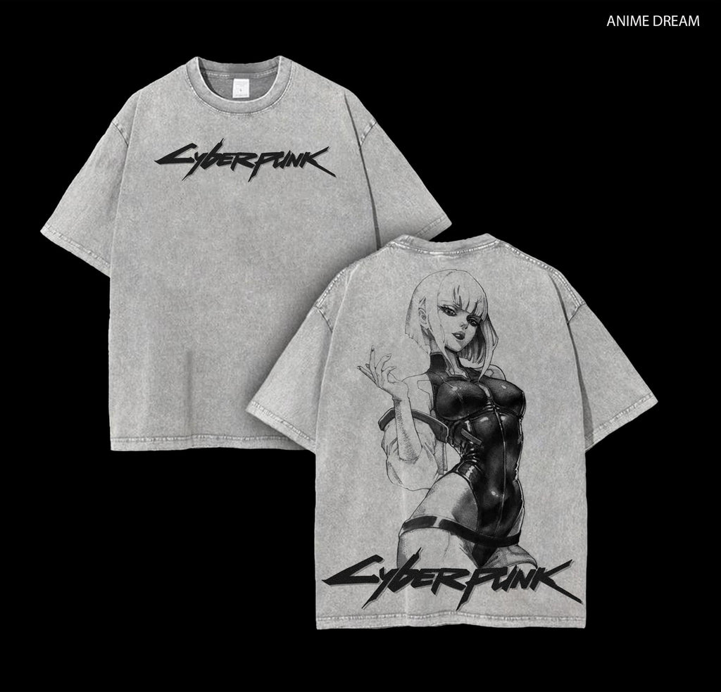 Cyberpunk Lucy Anime Double Printed Vintage Washed Tee Unisex Oversize Heavyweight Cotton T-shirt for Anime Fans and Lovers