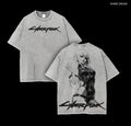 Cyberpunk Lucy Anime Double Printed Vintage Washed Tee Unisex Oversize Heavyweight Cotton T-shirt for Anime Fans and Lovers