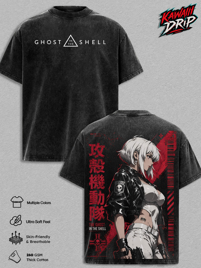 Motoko Kusanagi Ghost in the Shell Vintage Washed T Shirt Cyberpunk Anime Graphic Tee Ghost in the Shell Oversized Streetwear Cotton Tshirt Classic Menswear Clothes Apparel Gift for Anime Fans Men & Women